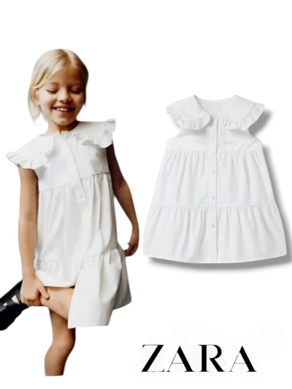 ZARA Kids White Tiered Dress with Embroidered Collar NWT Size 3T 4T